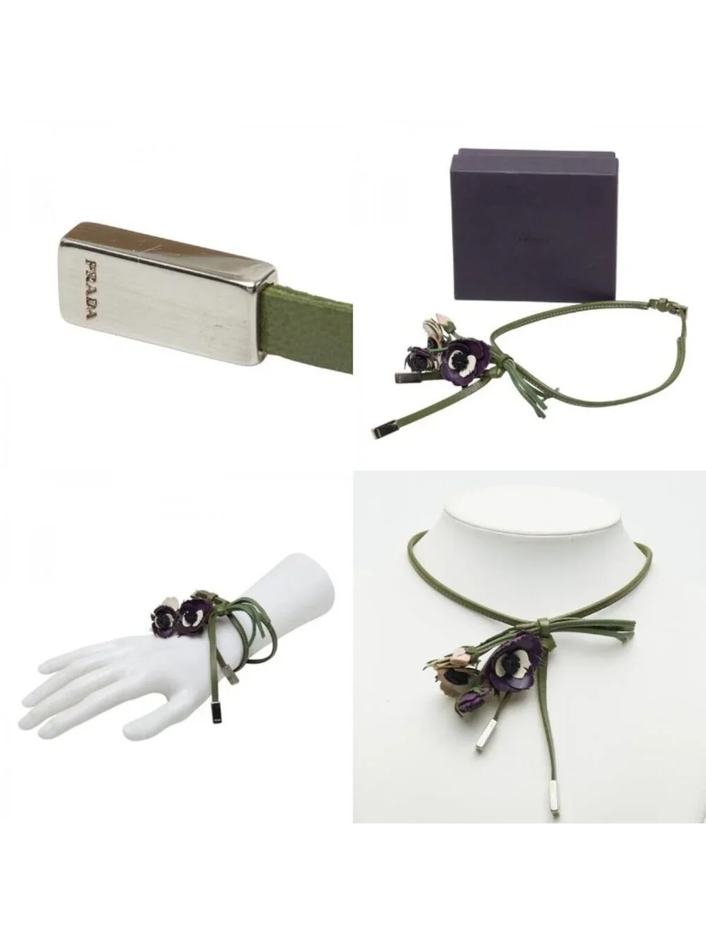 Prada Flower Motif Choker Necklace Bracelet Purple Ivory Green Leather